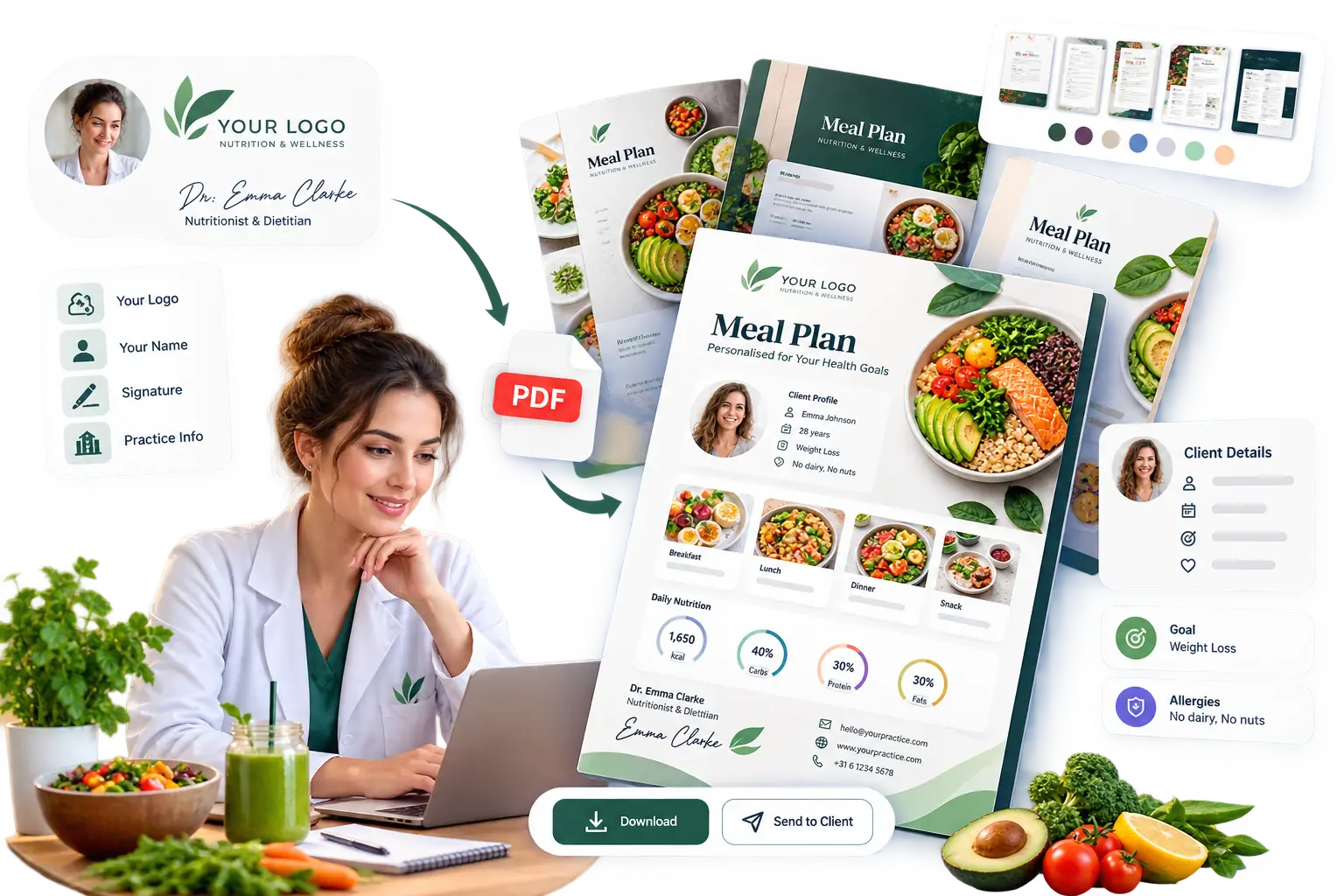 Branded PDF export with your logo on every meal plan